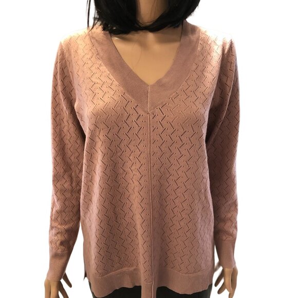 Cable & Gauge V-neck Pointelle Sweater in Dusty Rose Size NWOT - Picture 2 of 8